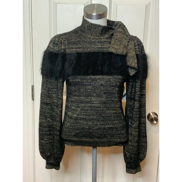 Ulla Johnson Metallic Gold & Black Cashmere Sweater W/ Rabbit Fur Trim, Size P - Picture 1 of 9